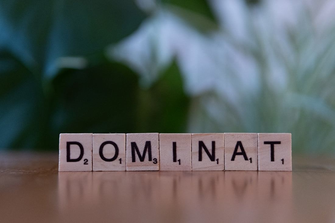 A close up of a scrabble type block with the word dominat